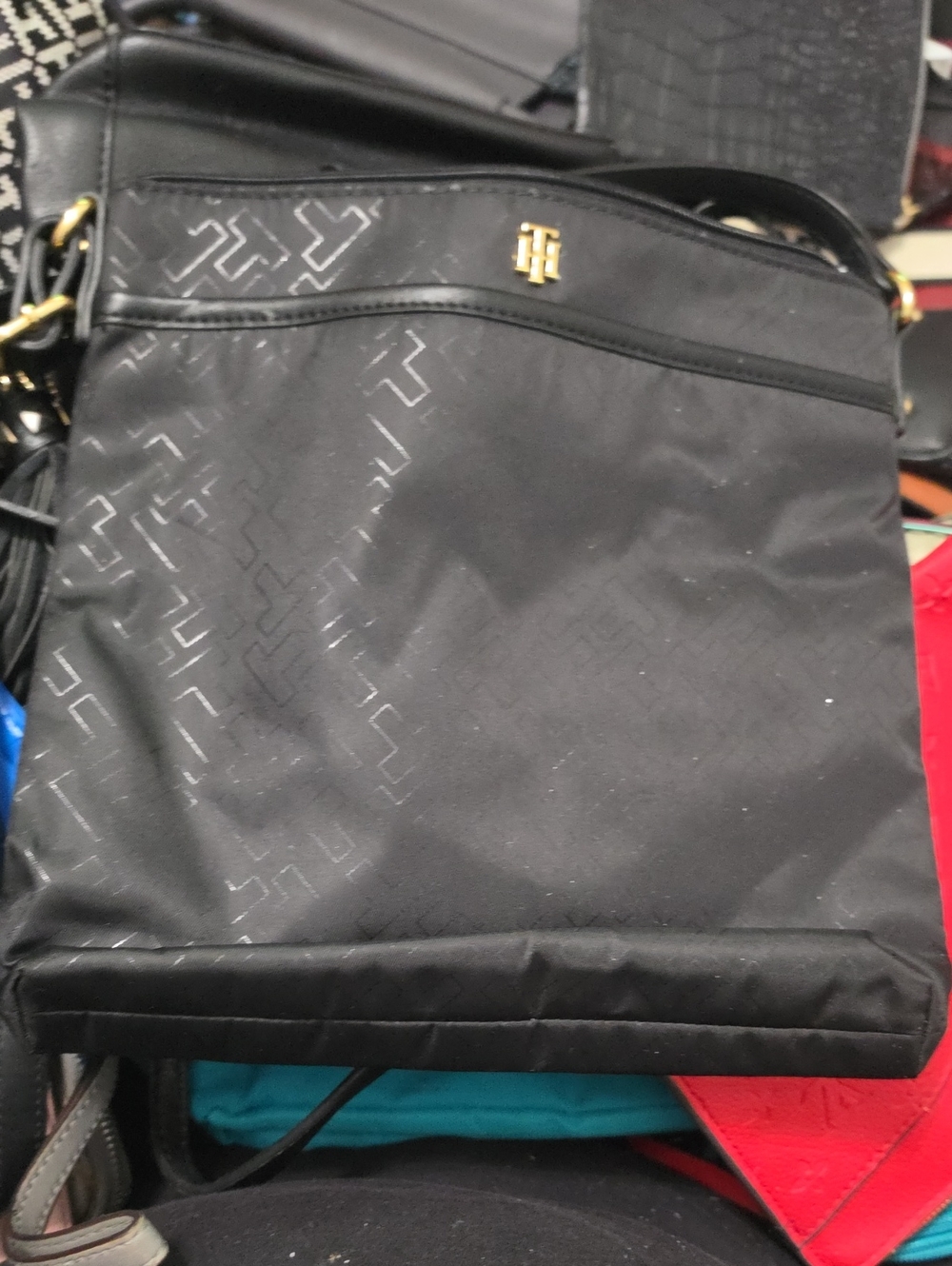 Tommy Hilfiger Black Nylon Messenger Bag with Gold Hardware